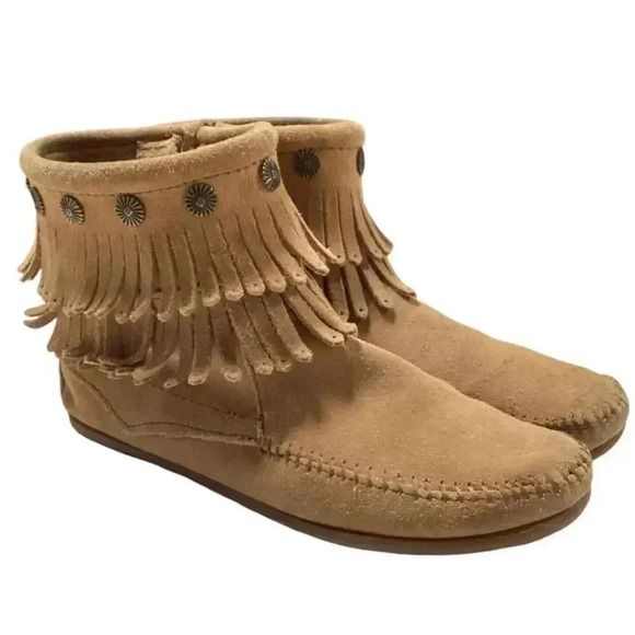 Minnetonka Hi Top Boots Womens 7 Brown Suede Double Fringe Side Zip Moccasin - Picture 1 of 11